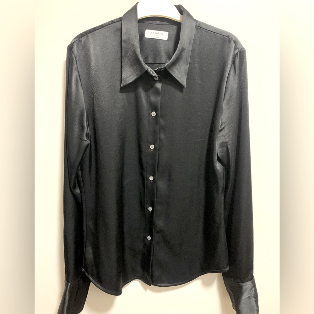 Aritzia Babaton Black Satin Soft Button-Up Shirt